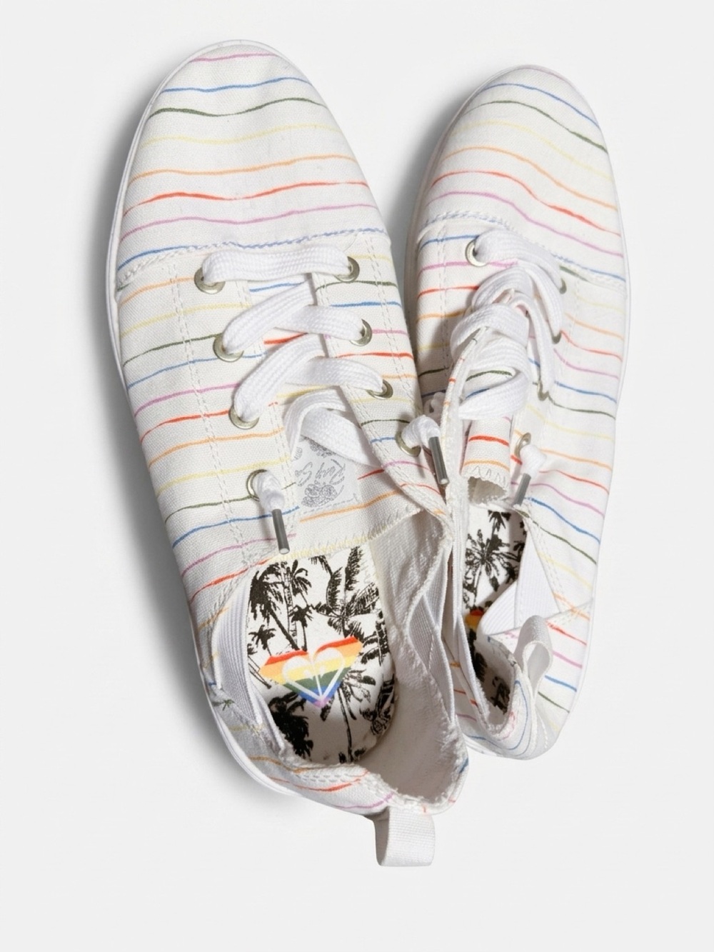 Roxy White Canvas Low-Top Sneakers with Rainbow Stripe Detail